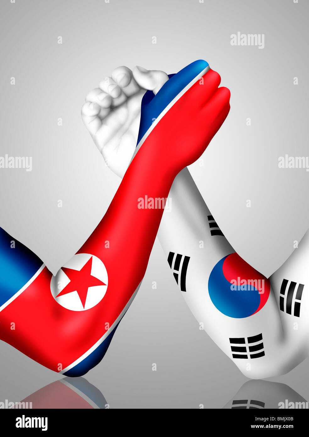 Arm wrestling tra Corea del Nord e Corea del Sud Foto Stock