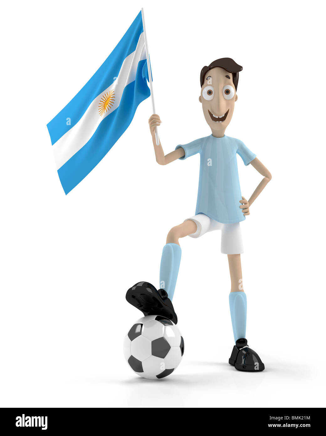 Sorridente in stile cartoon il Calciatore con la palla e la bandiera dell'Argentina Foto Stock