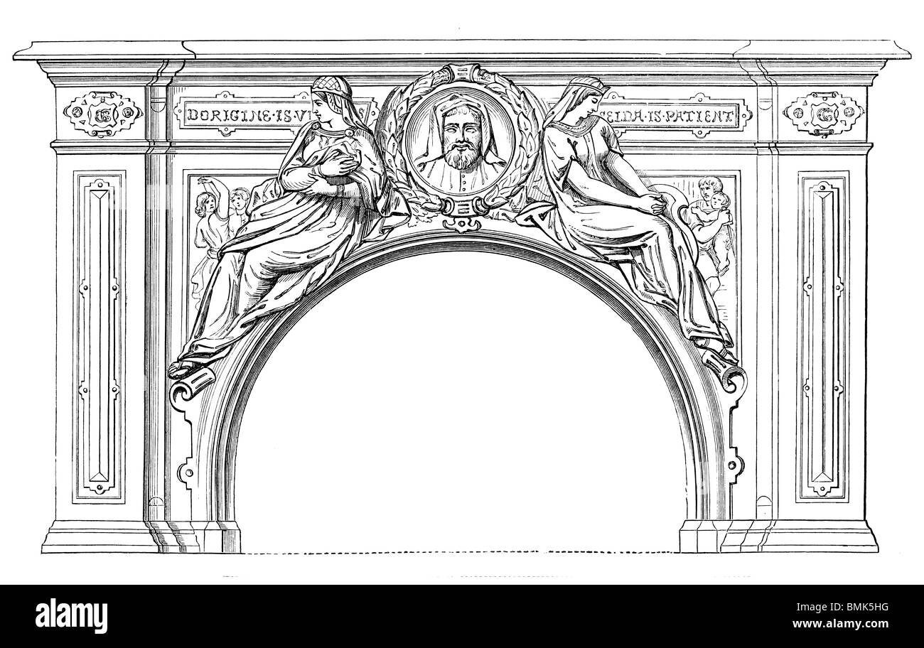 In bianco e nero di taglio per incisione fuori isolato su bianco. Illustrazione di un oggetto d'arte esposta presso la grande esposizione di Londra 1851. Foto Stock
