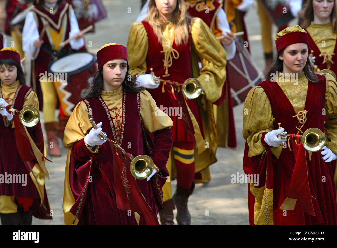 Trombettieri tradizionale a Ferrara il Palio di Ferrara, Italia Foto Stock