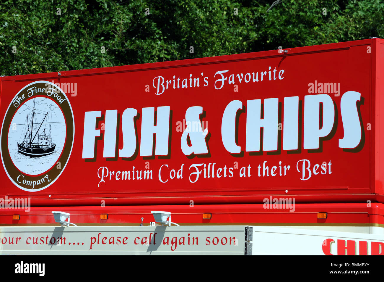 Un pesce e chip shop segno, Regno Unito Foto Stock