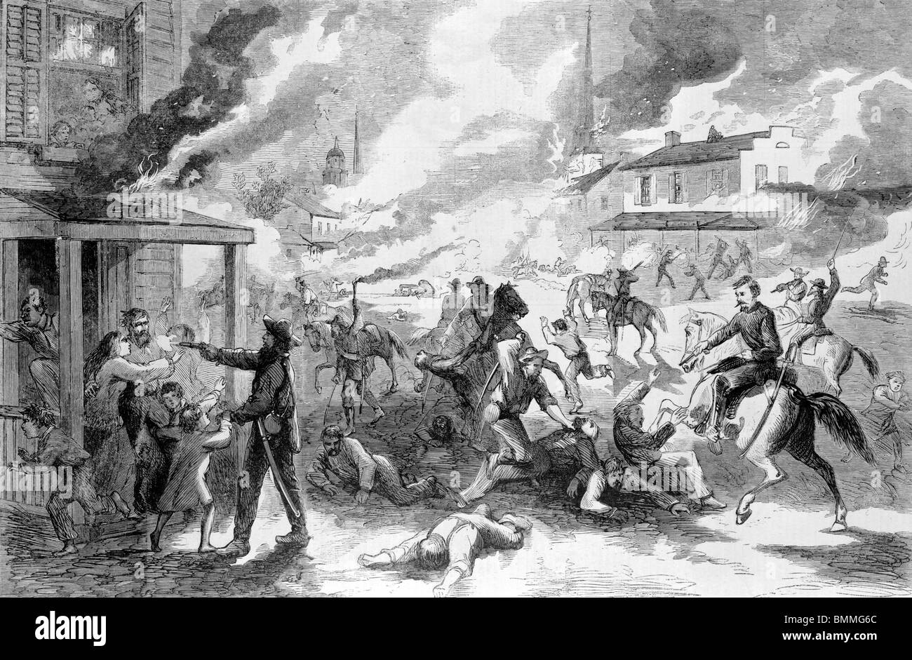 La distruzione della città di Lawrence, Kansas, e il massacro dei suoi abitanti dai guerriglieri ribelli, Agosto 21, 1863 Foto Stock