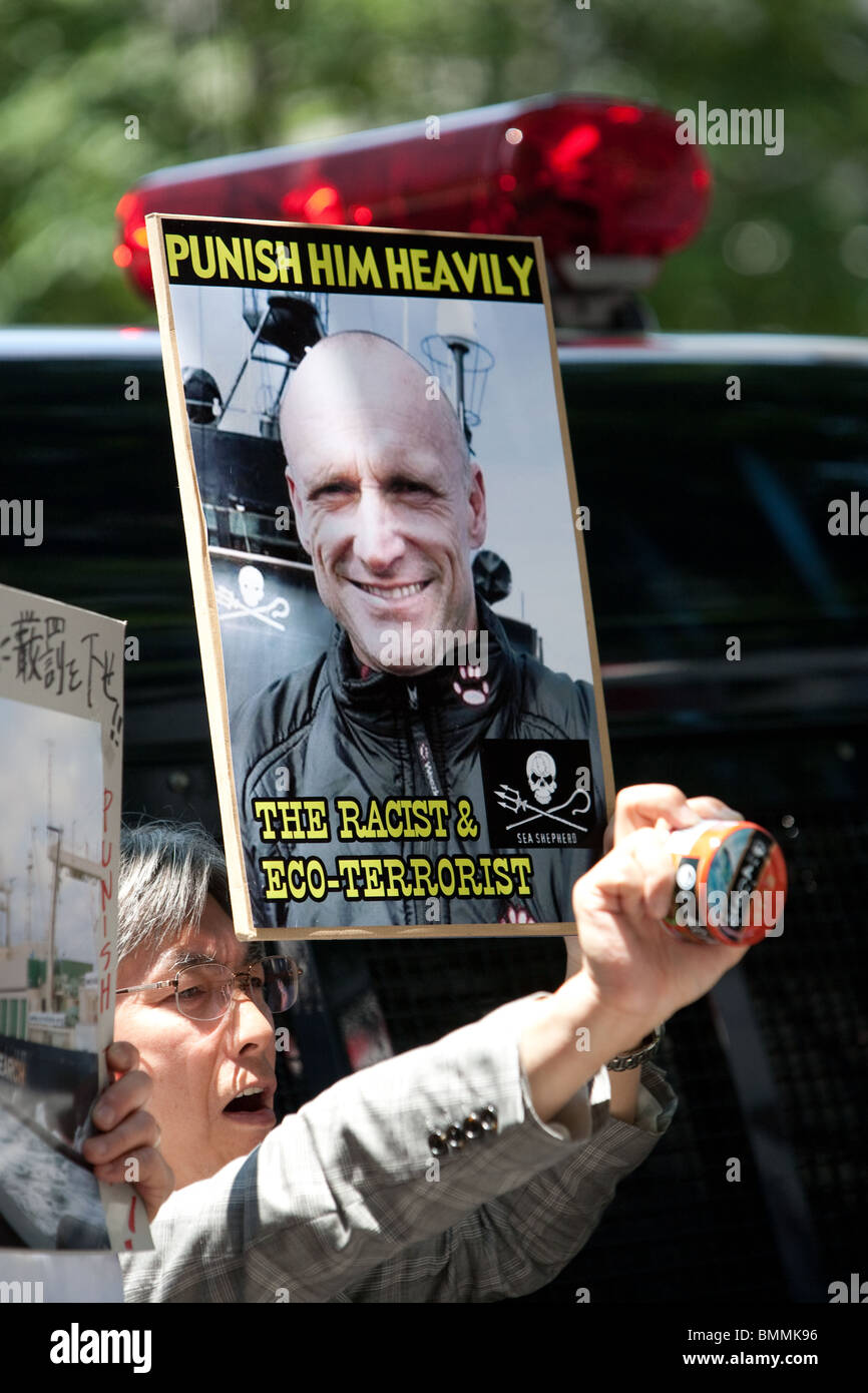 Giapponese ala destra protestare contro il mare Pastore e Pete Bethune, e a favore della caccia alla balena. Tokyo, Giappone, giugno 2010. Foto Stock