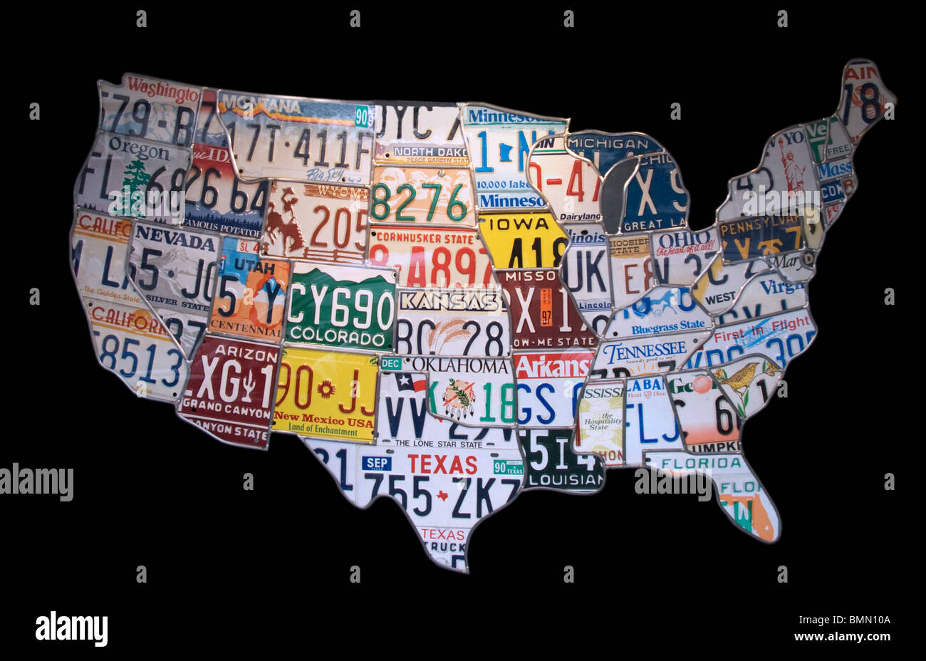 Una mappa degli Stati Uniti costruito con licenza di auto piastre da ciascuno stato Foto Stock