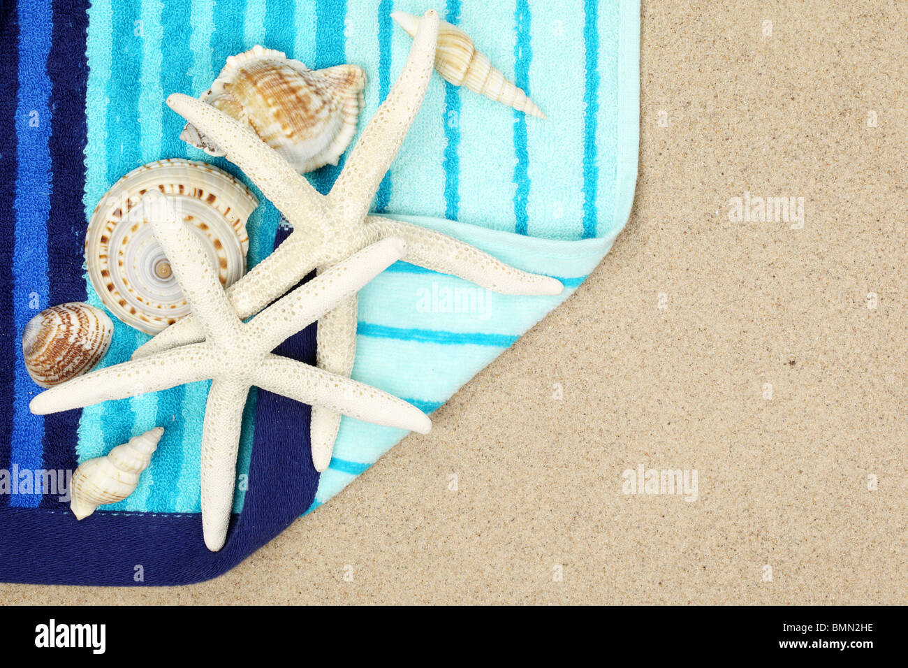 Conchiglie Rigate e telo mare sulla spiaggia di sabbia,Closeup. Foto Stock