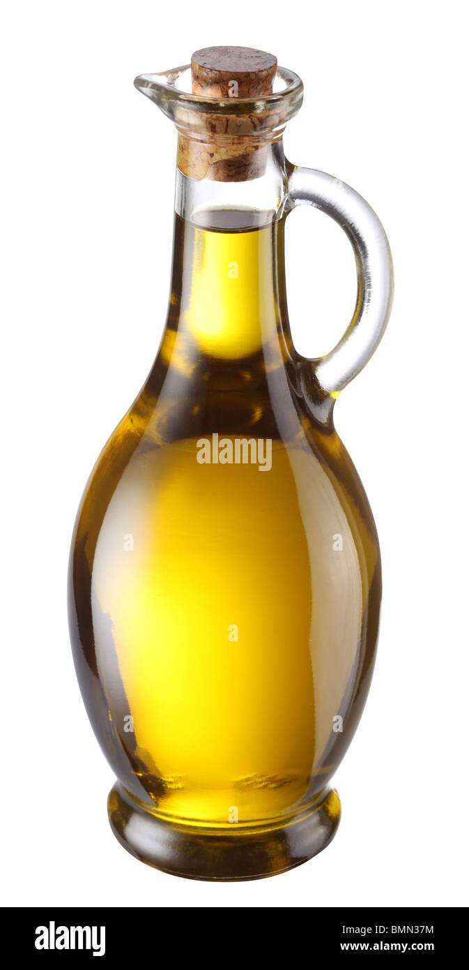 Bottiglia di olio d'oliva isolato su bianco Foto Stock