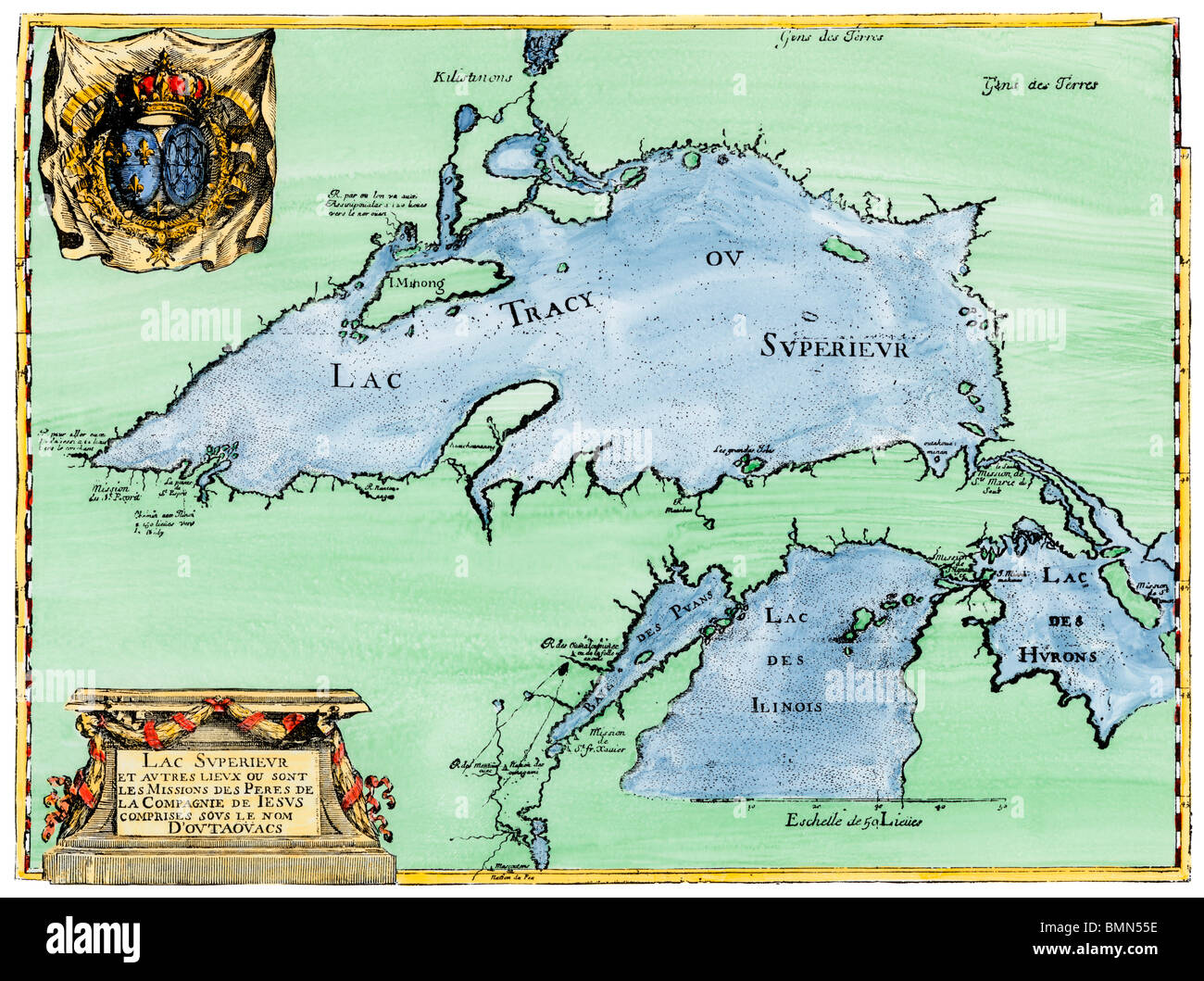 Gesuita francese mappa del lago Superior, Superiore nel Michigan e Wisconsin, 1600s. Colorate a mano la xilografia Foto Stock