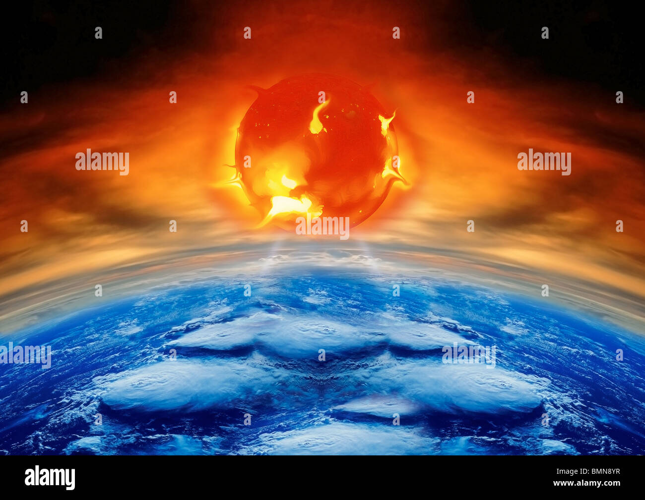 Eruzioni solari nello spazio con la parte superiore del pianeta terra Foto Stock