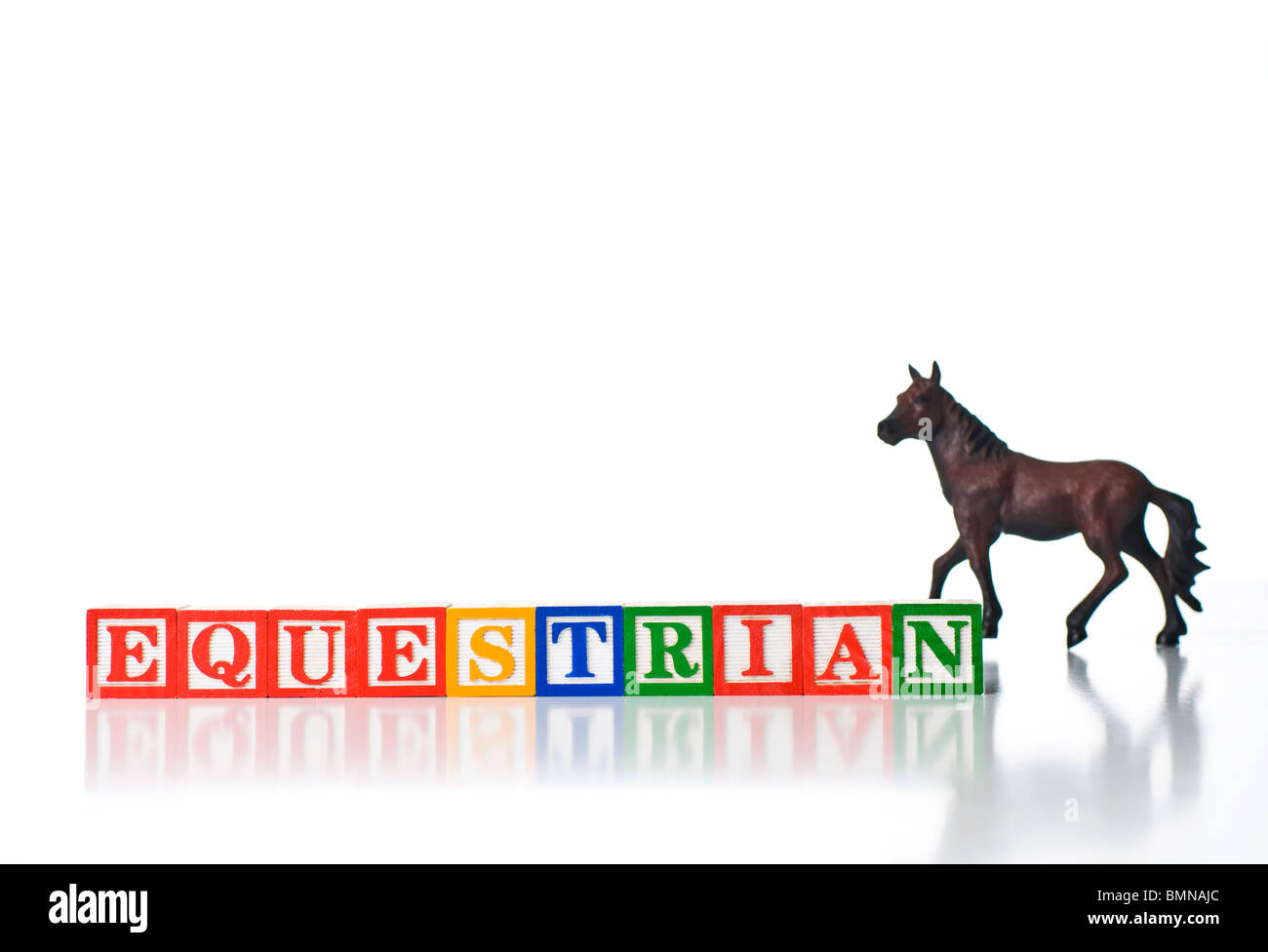 Bambini colorati i blocchi equestre di ortografia con un cavallo in background Foto Stock