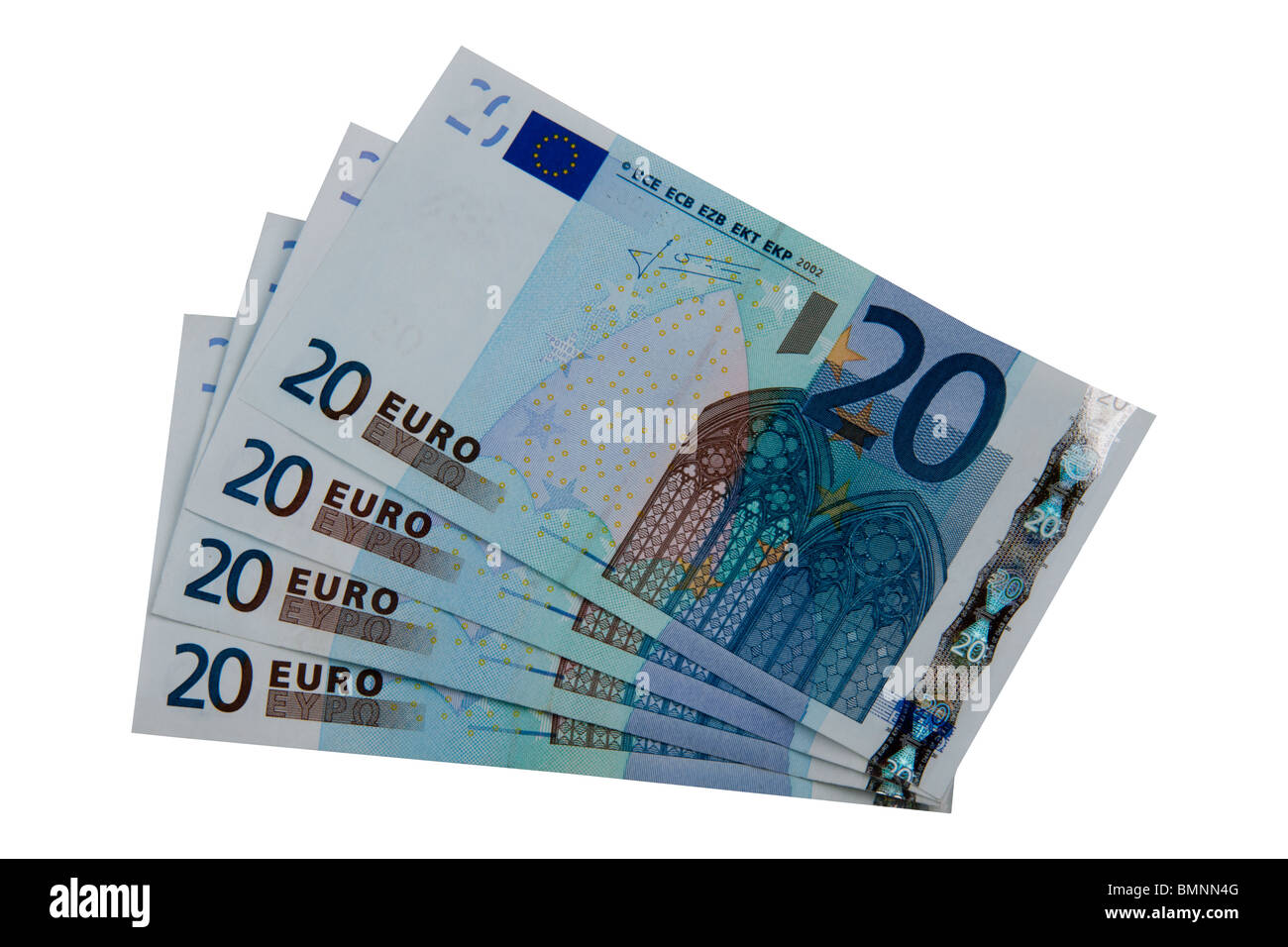 Quattro venti euro bills, isolato su sfondo bianco Foto Stock
