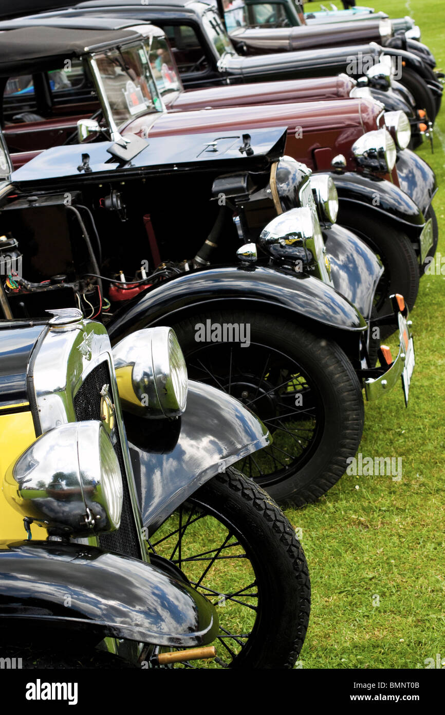 Una fila di Classic British Auto in un campo Foto Stock