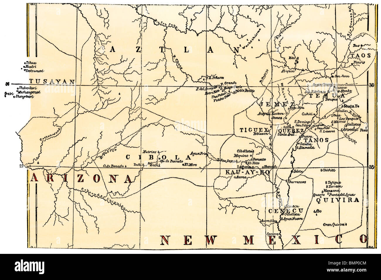 Mappa della regione del Pueblo, mostrando abitata pueblos e rovine, 1800s. Colorate a mano la xilografia Foto Stock