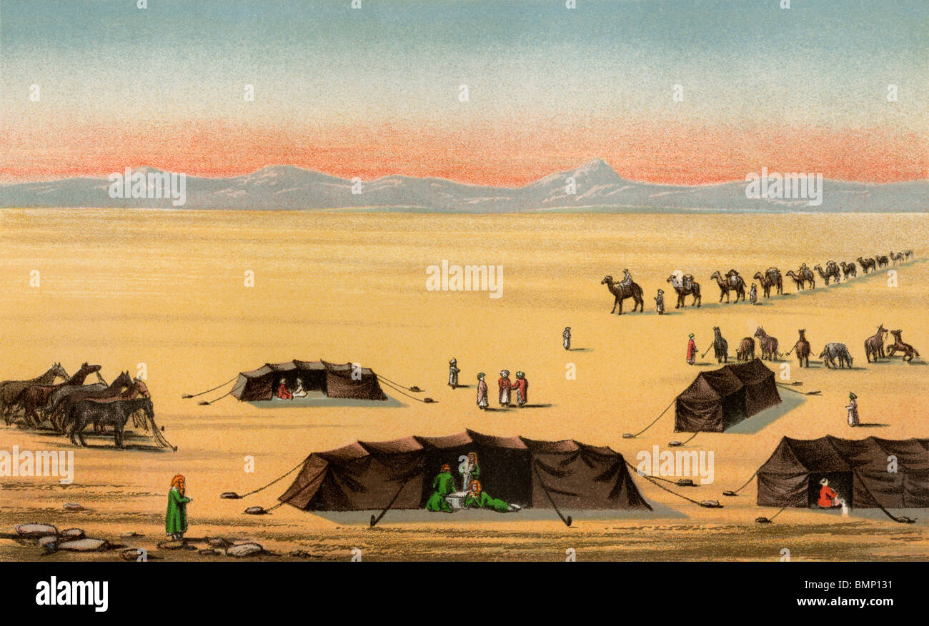 Explorer Richard Burton desert camp in Arabia durante il suo viaggio alla Mecca, 1850s. Litografia a colori Foto Stock