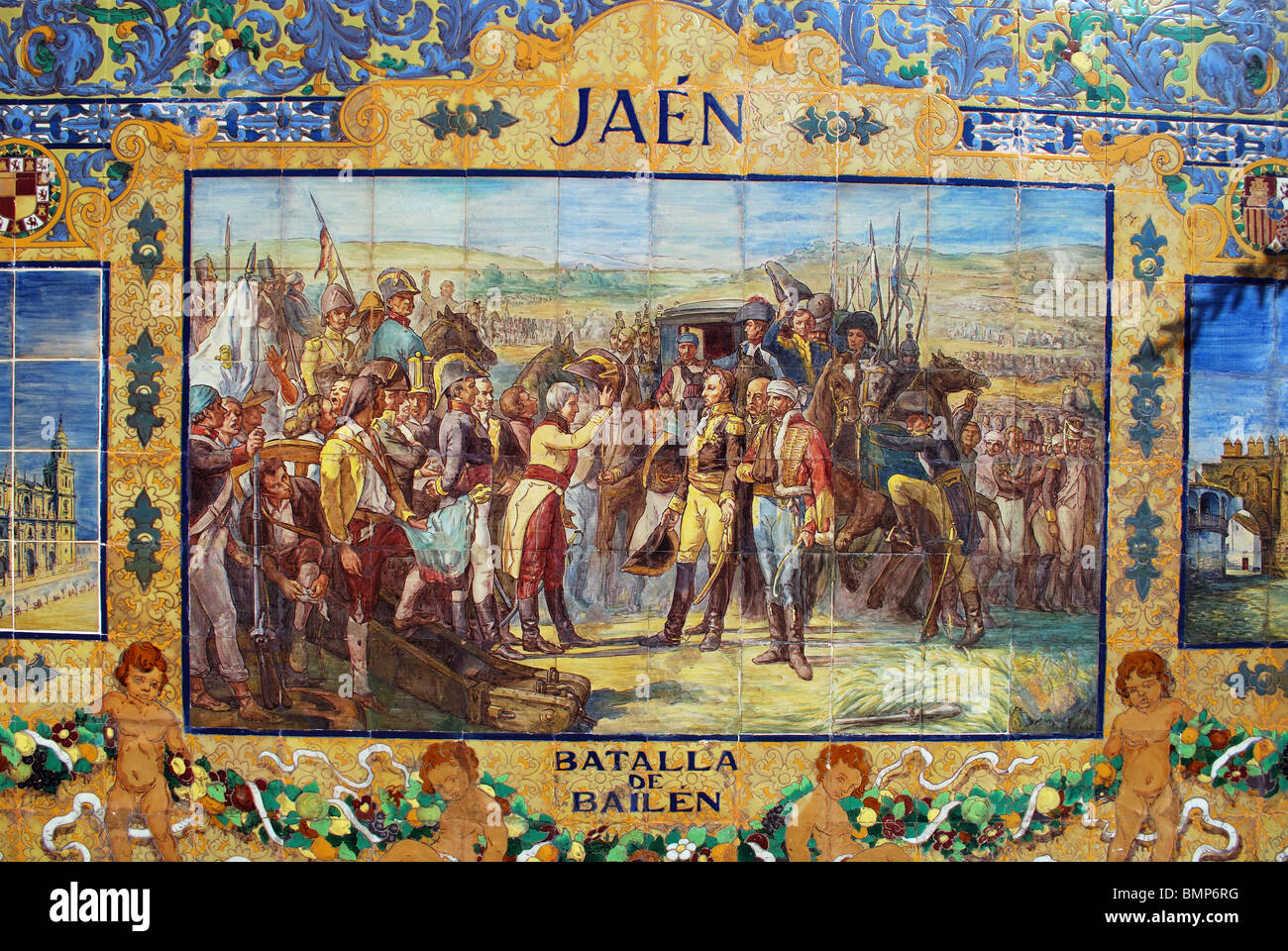 Foto di ceramica che mostra la battaglia di Bailen nella Plaza de Espana, Siviglia, provincia di Siviglia, in Andalusia, Spagna, Europa occidentale Foto Stock