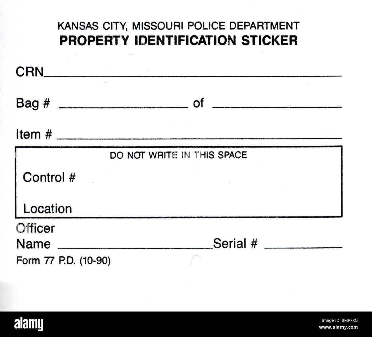 Kansas City, MO, il dipartimento di polizia di proprietà etichetta di identificazione. Tipicamente usato su elementi di prova raccolti in scena del crimine. Foto Stock