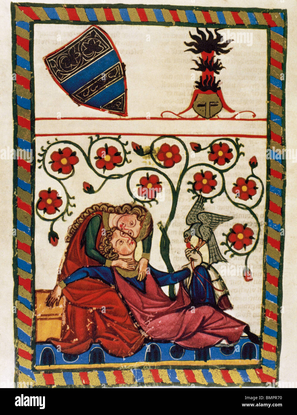 Konrad von Altstetten, ministeriale svizzero poggia con la sua amata dopo una caccia di panna montata. Codex Manesse. Foto Stock