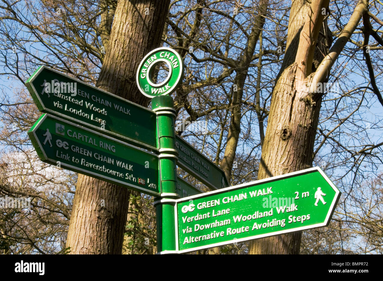 Un segno per la catena di verde a piedi nei boschi Ravensbourne, Londra del sud Foto Stock