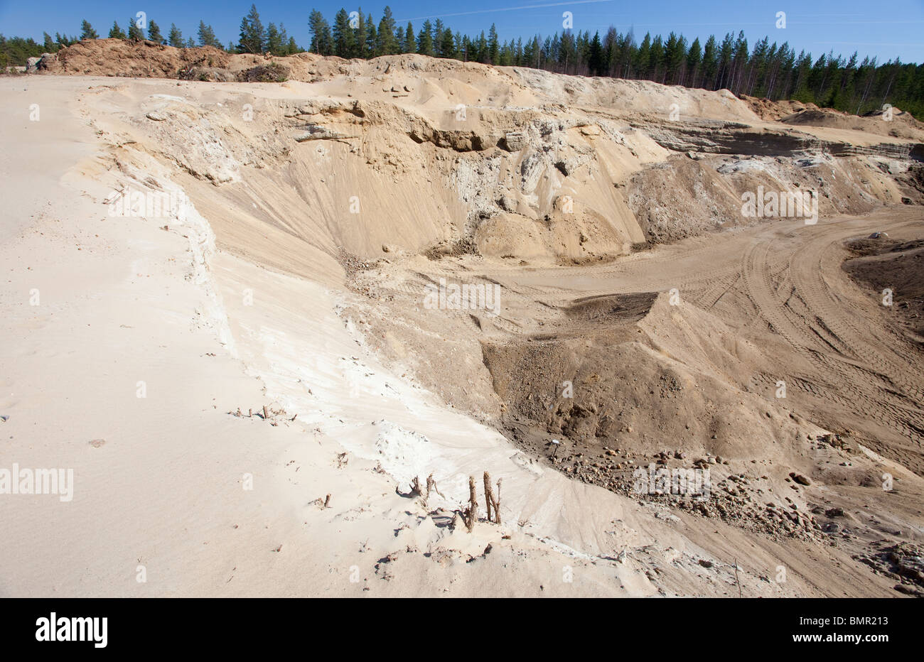 Parete di una cava di ghiaia in corrispondenza di una cresta di sabbia / esker glaciale , Finlandia Foto Stock
