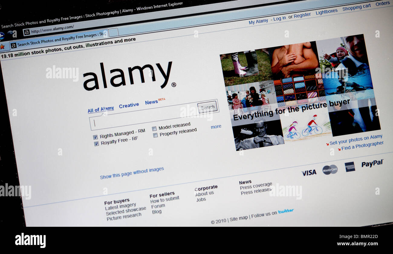 Una fotografia della parte anteriore home page di Alamy Limited sito web che mostra di fotografia di stock di campioni e un motore di ricerca interno Foto Stock