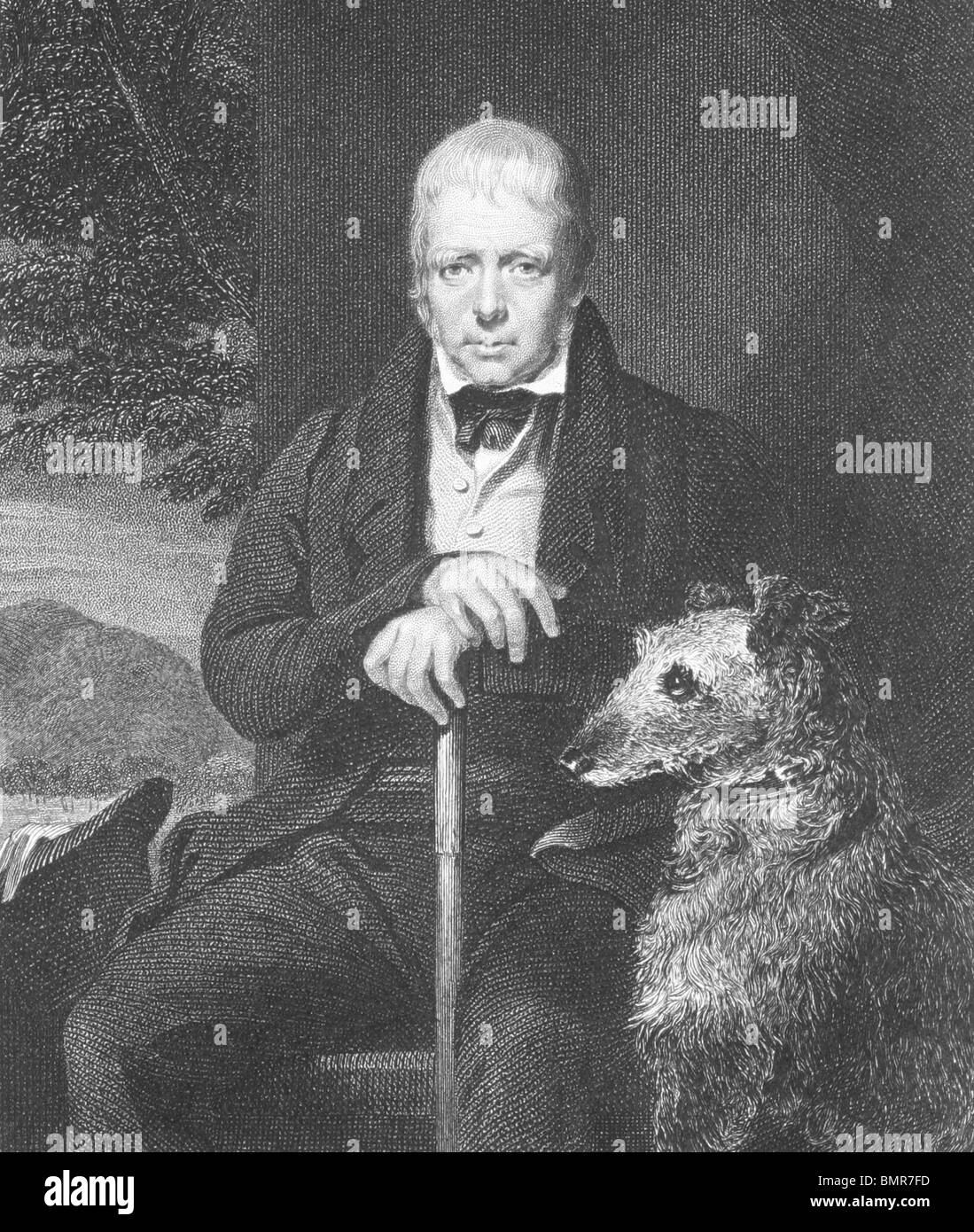 Il vecchio uomo e il suo cane su incisione dal 1800s. Foto Stock