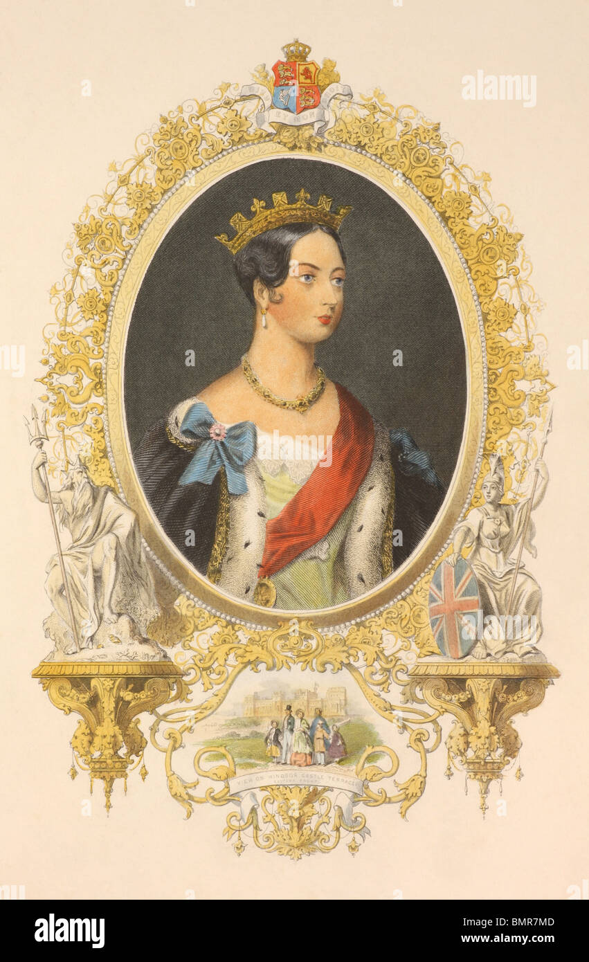 La regina Victoria (1819-1901) sulla mano incisione colorata dal 1800s. Regina della Gran Bretagna durante il 1837-1901. Foto Stock