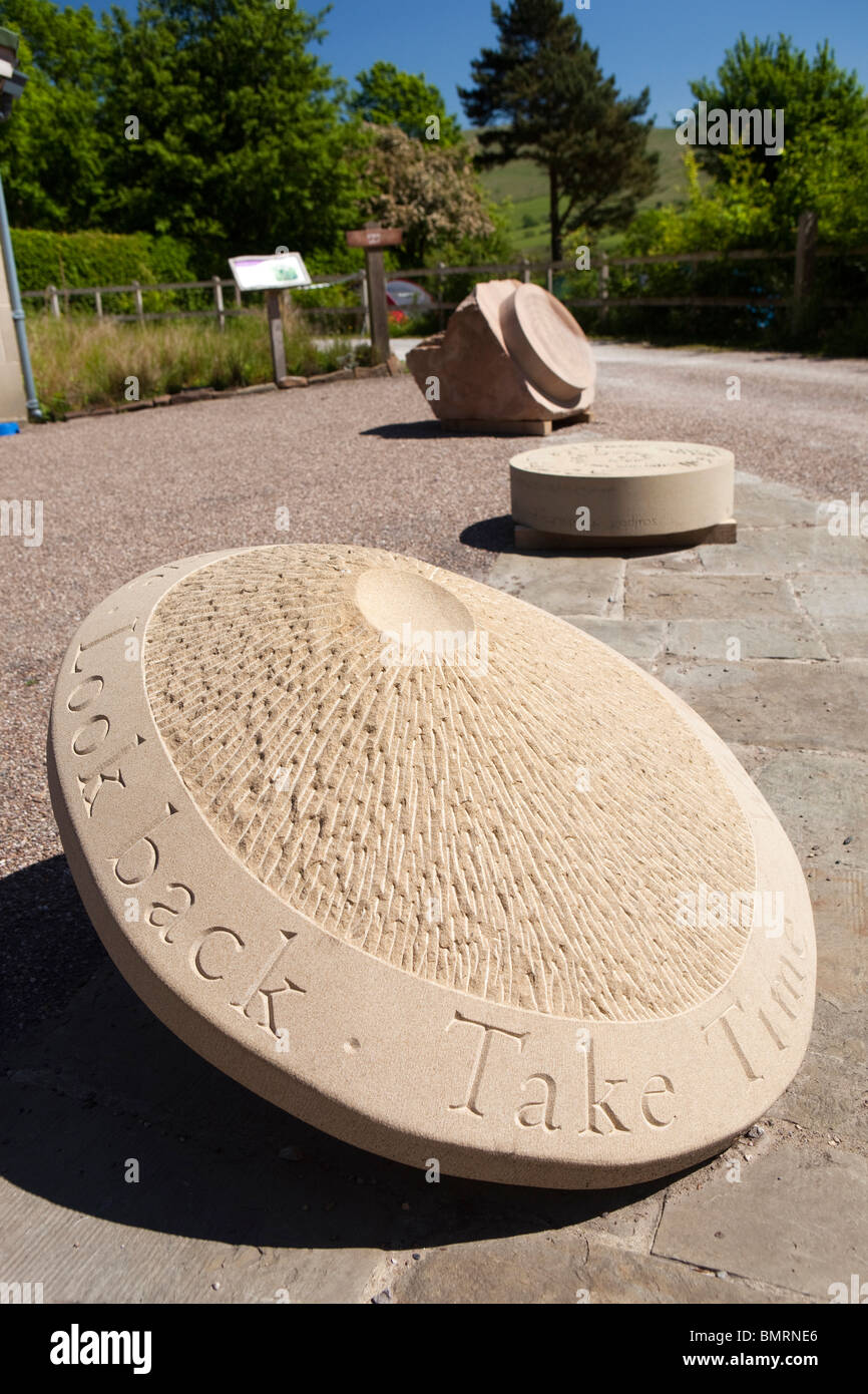 Regno Unito, Derbyshire, Edale, Peak District, Parco Nazionale Centro brughiera, scultura in pietra sul display Foto Stock