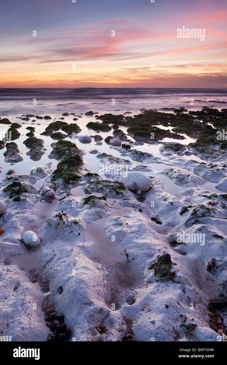 Marea in uscita rivelando chalk fondale Birling Gap al tramonto Foto Stock