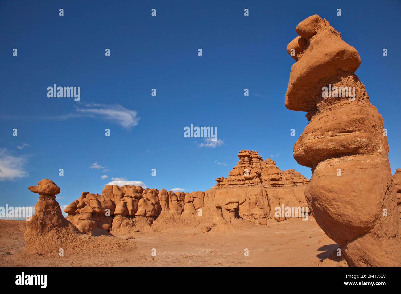Erosi formazioni rocciose, hoodoos, presso il parco statale Goblin Valley, Utah, Stati Uniti d'America Foto Stock