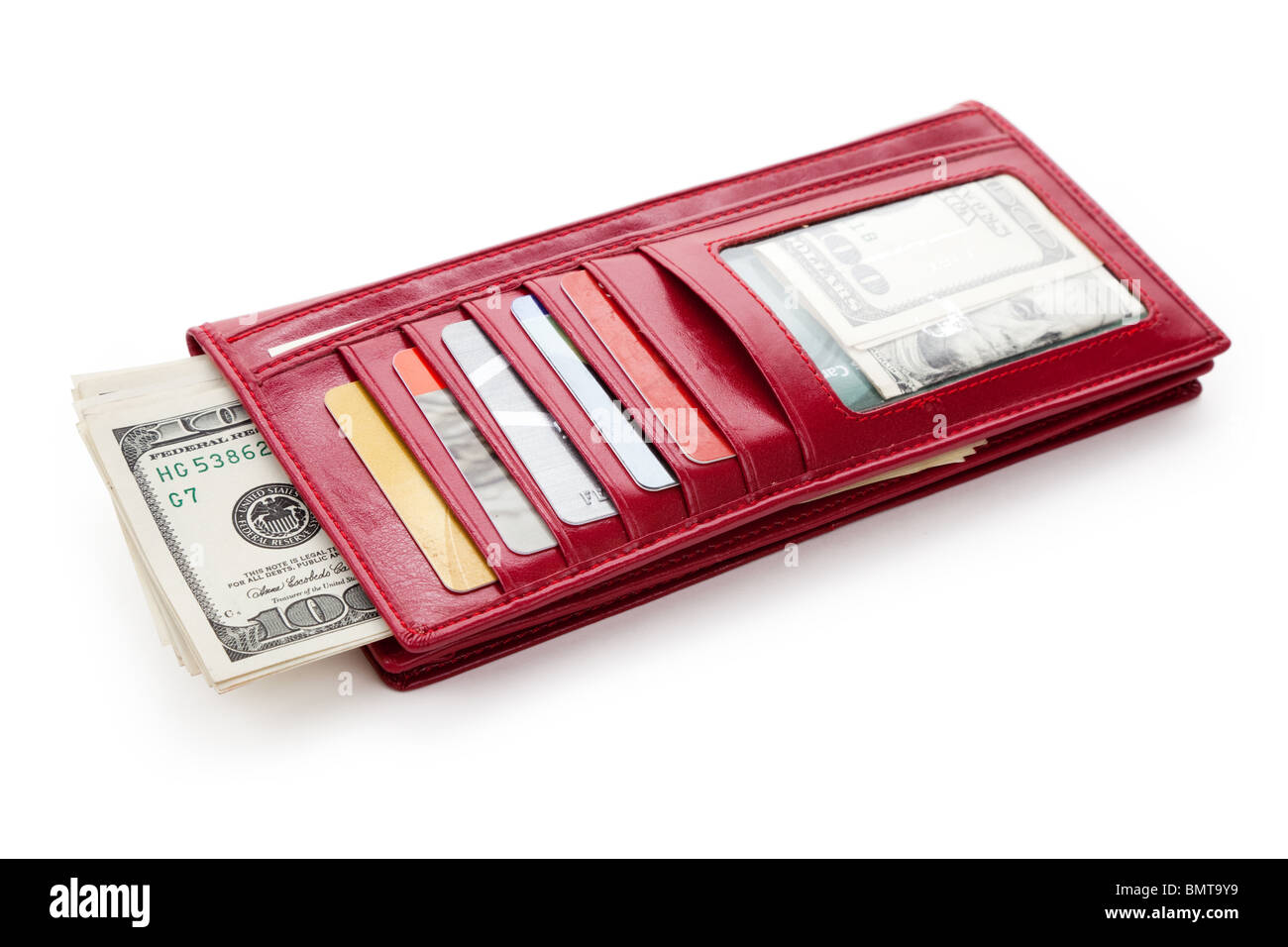 Portafoglio rosso con il denaro e la carta di credito Foto Stock