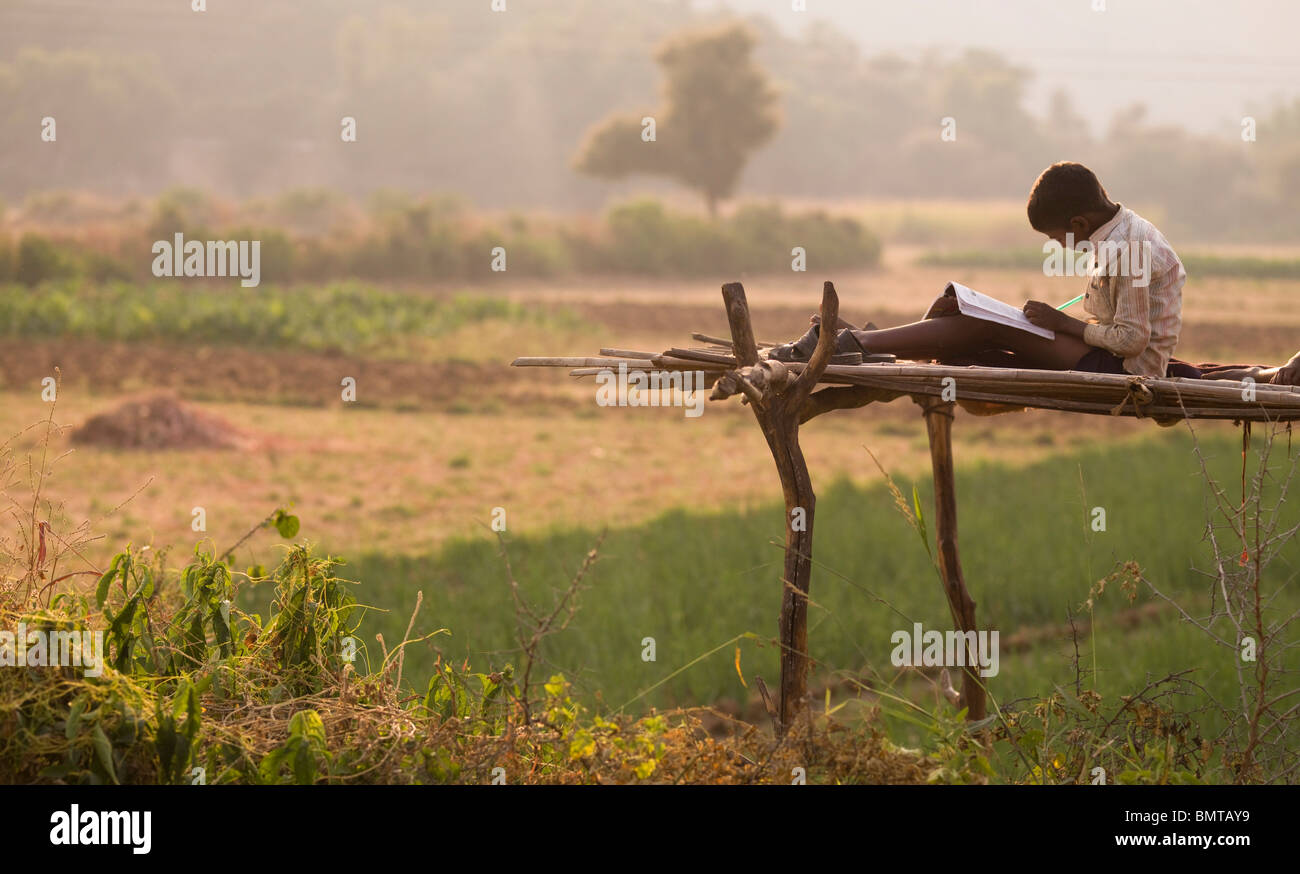 Colli Aravalli,Rajasthan,l'India;ragazzo lettura sulla parte superiore di una piattaforma in legno Foto Stock