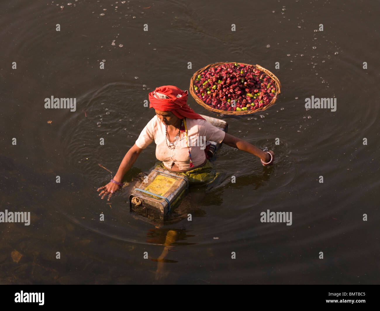 Rajasthan,l'India;Donna guadare attraverso acqua con un paniere e taniche Foto Stock