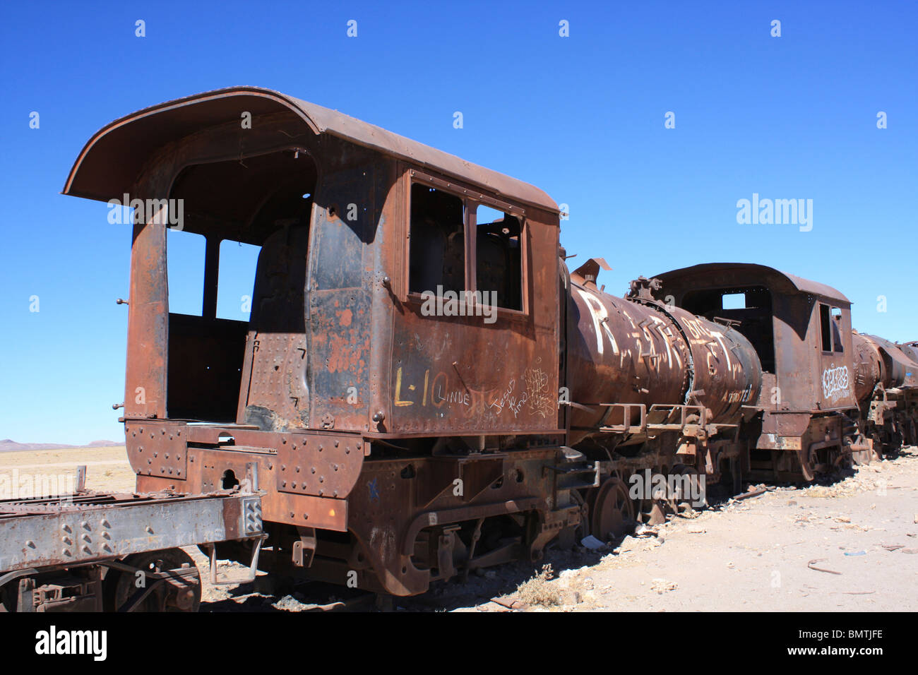 Il cimitero di treno, Uyuni, Bolivia Foto Stock