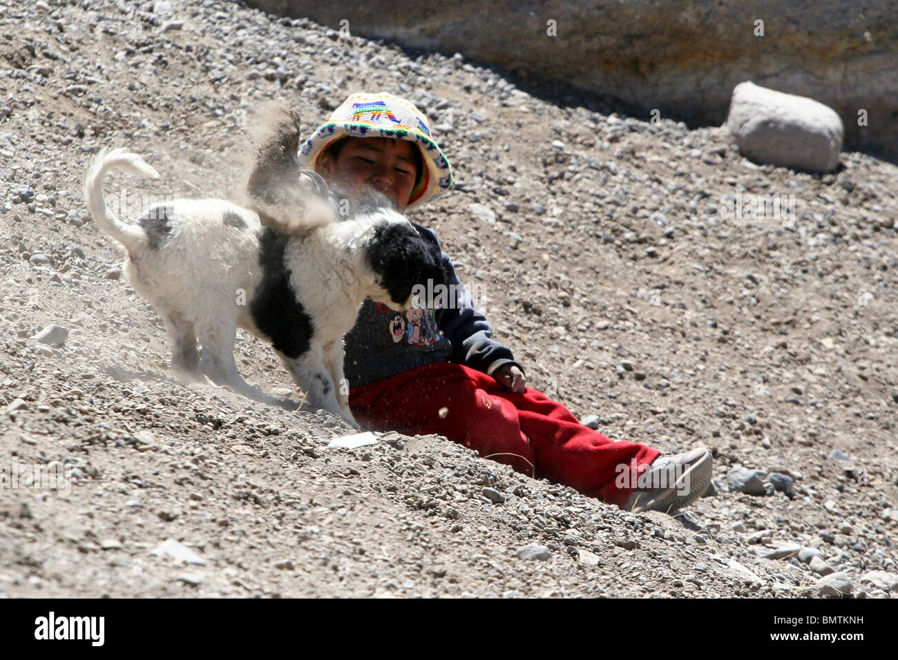 Un bambino che gioca con un cane in un piccolo mercato sulla strada per il Canyon del Colca nei pressi di Arequipa, Perù, Sud America. Foto Stock