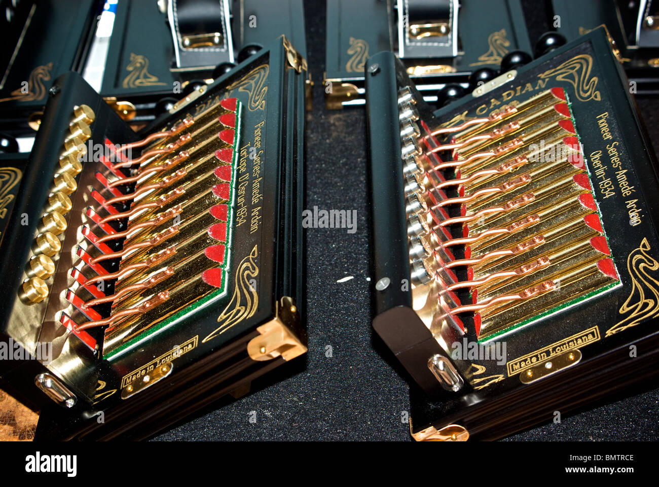 Shiny dito per schede personalizzate in Acadian accordions attendono assieme a Marc Savoy Music Center Eunice LA Foto Stock