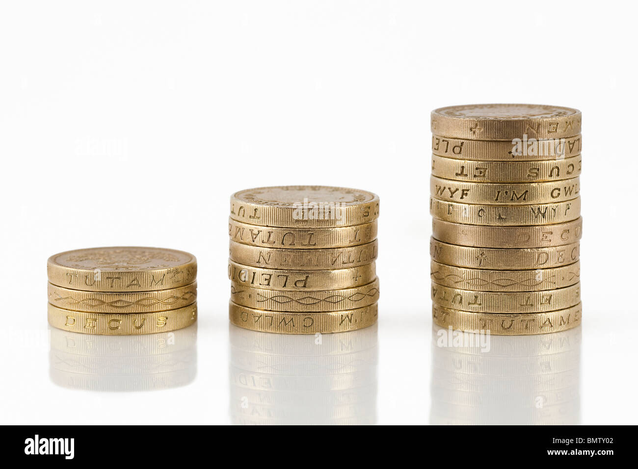 Valuta britannica Sterling Pound monete impilate Foto Stock