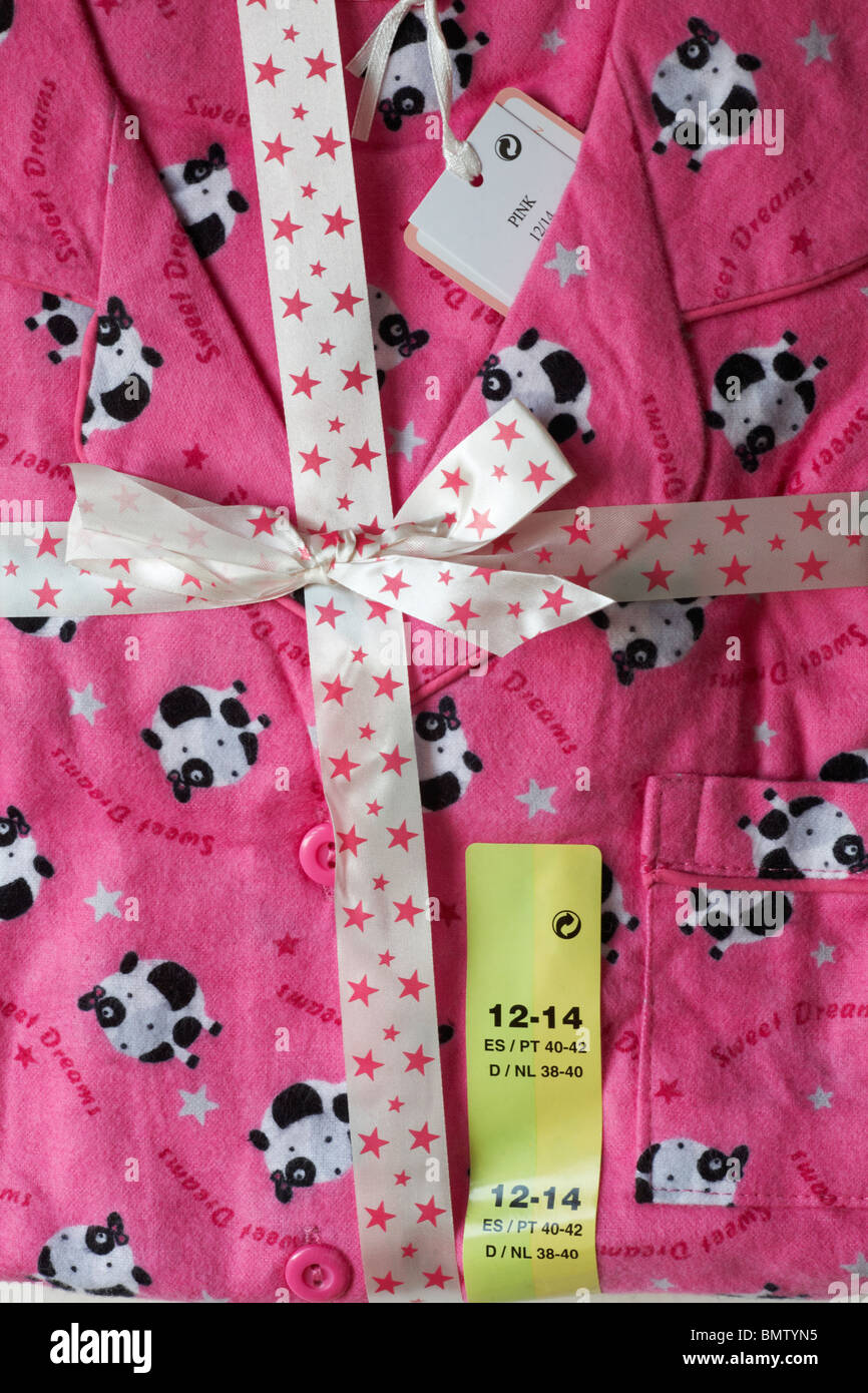 Etichetta adesiva dimensione indumento 12-14 su pigiami piegati Sweet Dreams Foto Stock