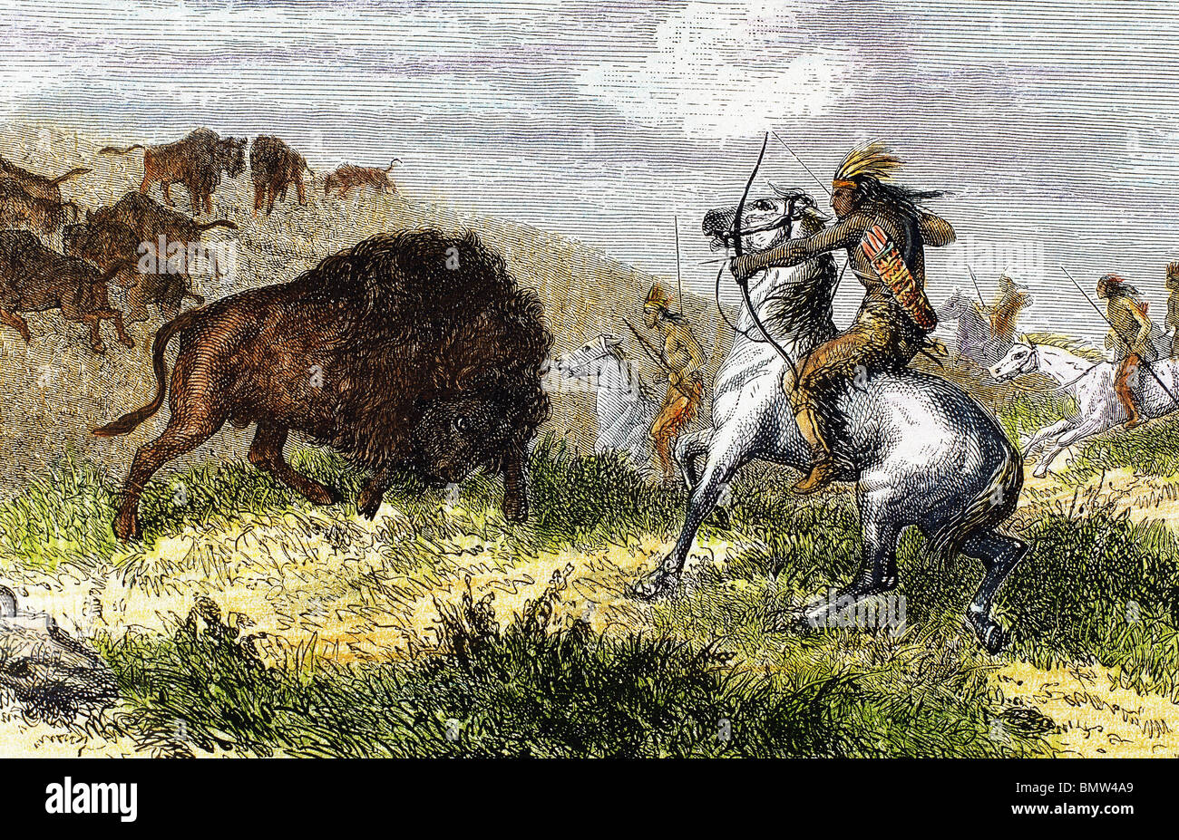 Gli indiani a caccia di bisonti. Incisione. Xix secolo. Foto Stock