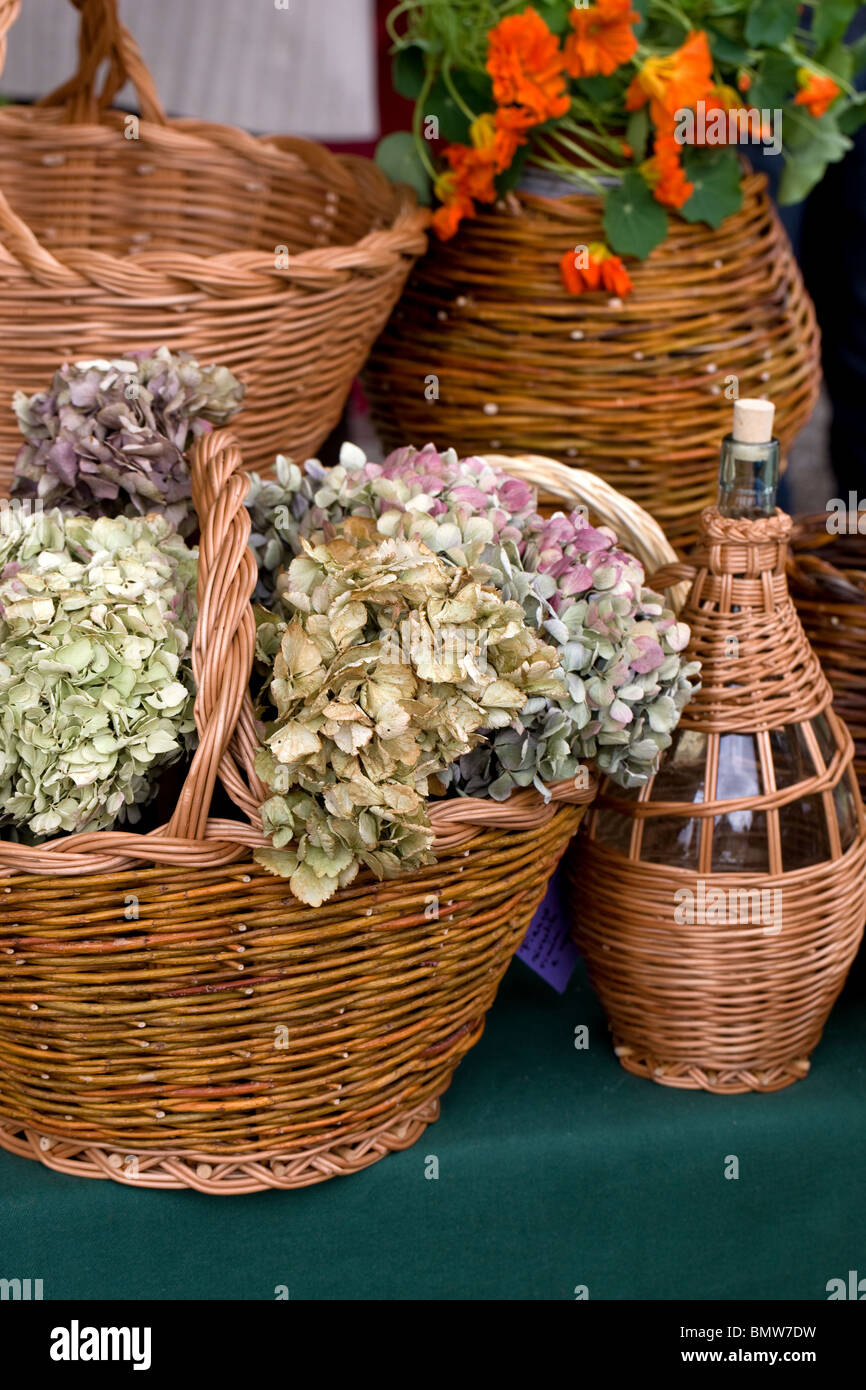 Cestini di vimini, fiori secchi, artigianato, hobby, giardinaggio, fiori verde natura Foto Stock