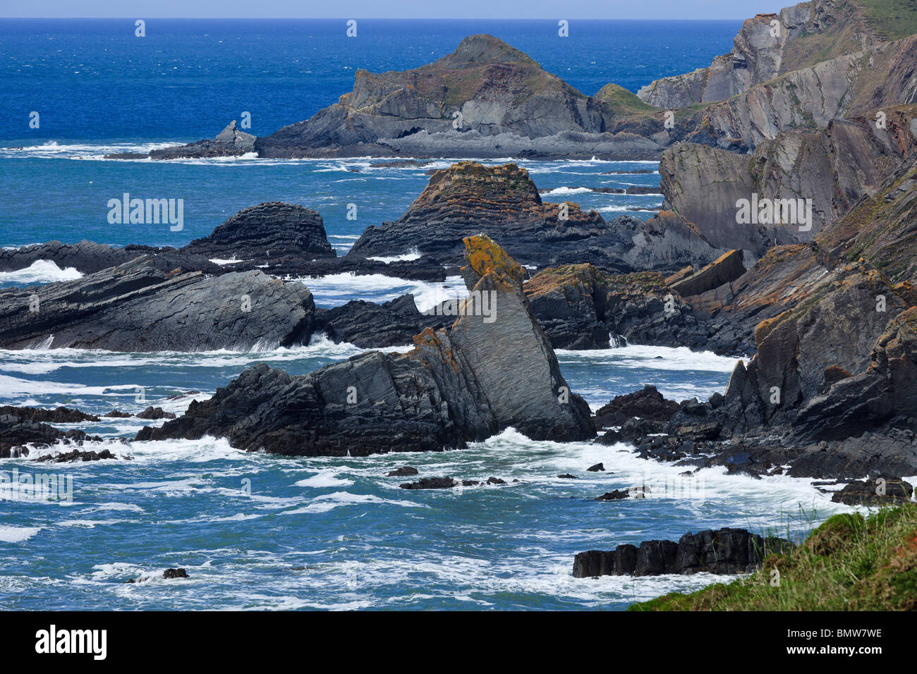 La selvaggia costa rocciosa a Hartland Quay, Devon, Inghilterra Foto Stock