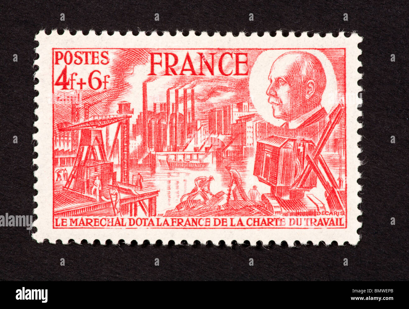 Francobollo da Francia raffigurante una scena industriale, per Marshall Henri Petain's 88 esimo compleanno. Foto Stock