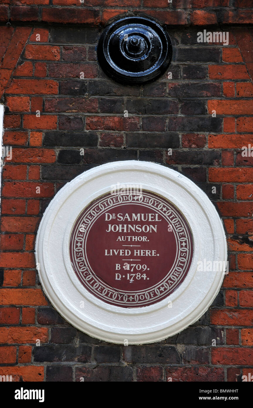 Placca a muro, Dr Johnson's House, Gough Square, City of London, Greater London, England, Regno Unito Foto Stock