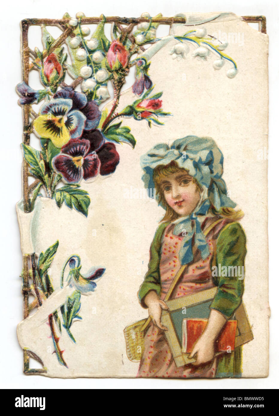 Schoolgirl con Pansy e il giglio della valle confine Foto Stock