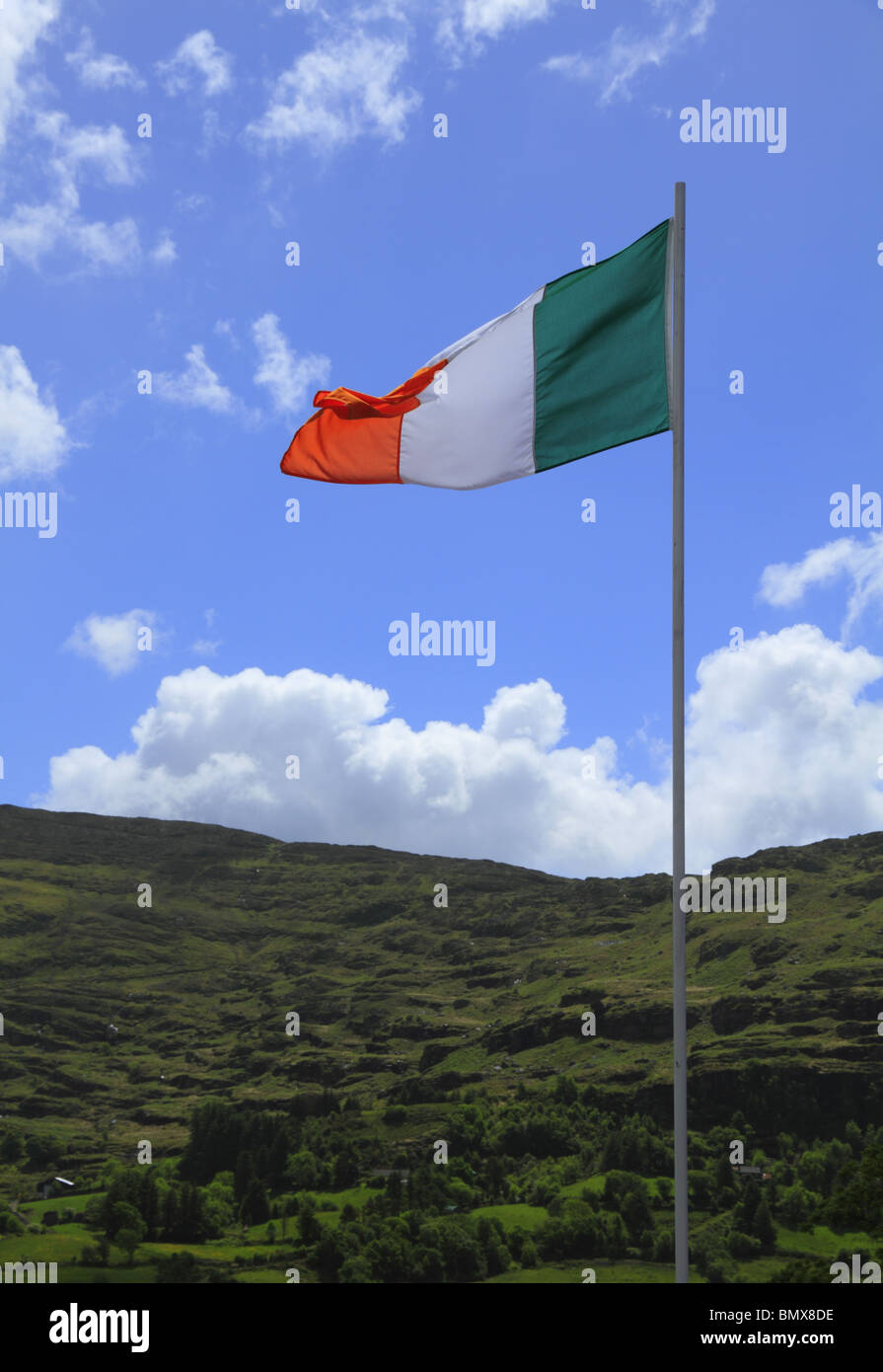 Una bandiera irlandese vola sopra i campi verdi della Contea di Kerry. Foto Stock