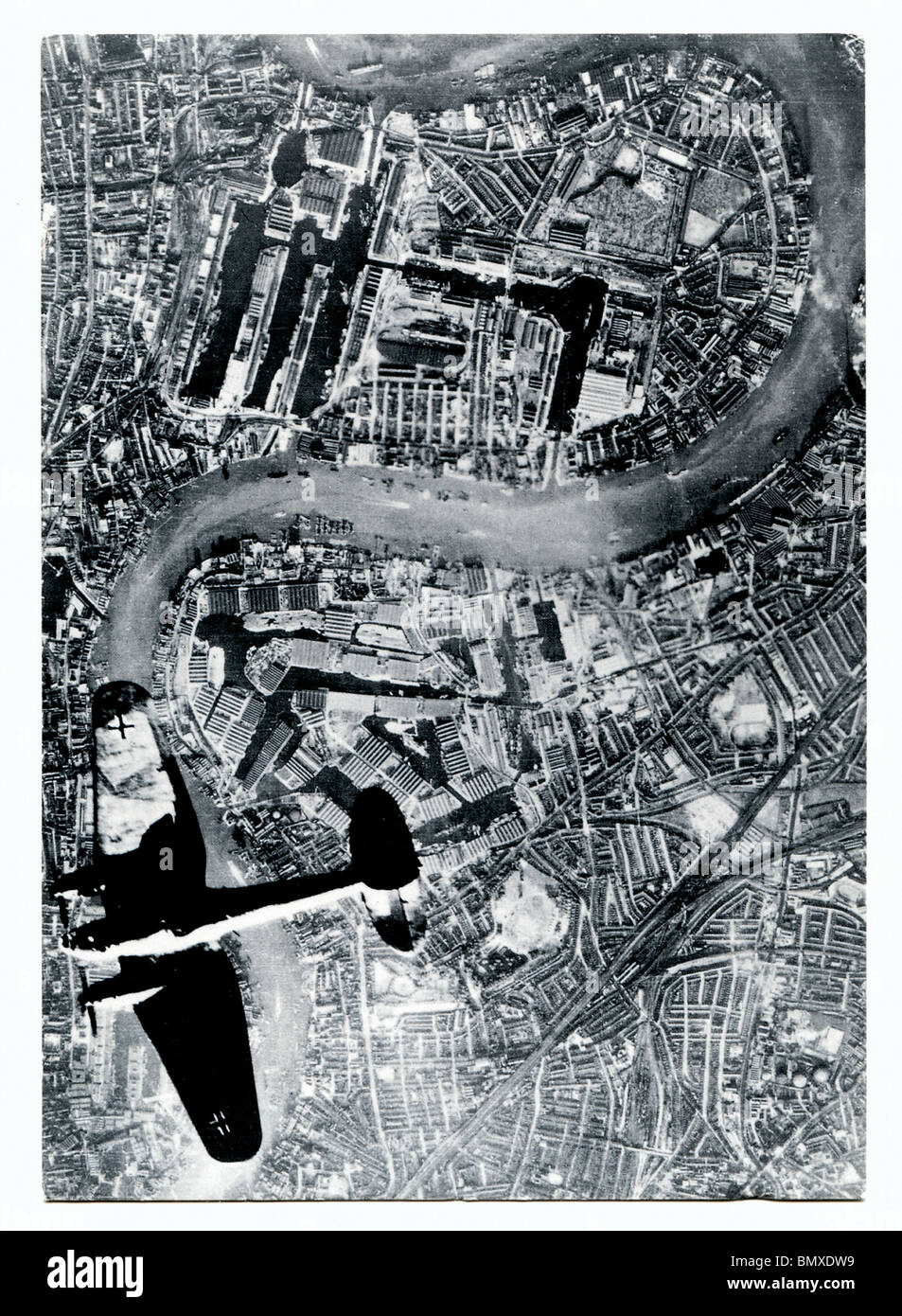 Londra - Isle of Dogs Luftwaffe bombardamento Foto Stock