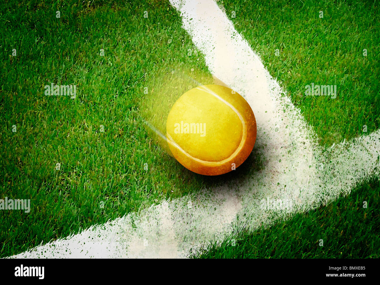 Palla da tennis ad angolo in erba linea di campo Foto Stock