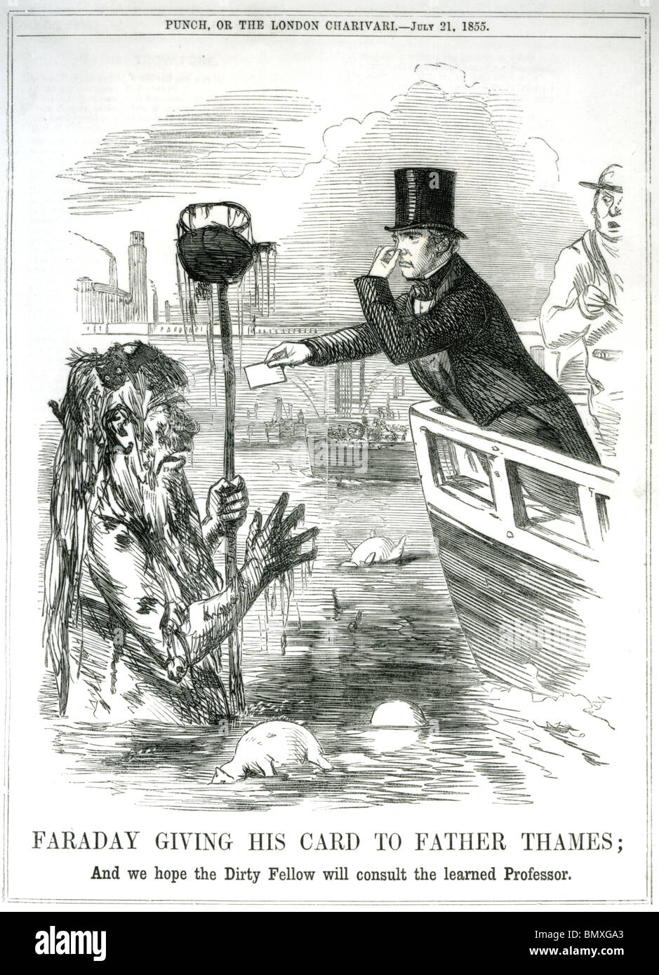 MICHAEL FARADAY dando la sua carta telefonica per Padre Tamigi nel punzone cartoon 21 luglio 1855 richiamando la sua attenzione sul fiume il fetore Foto Stock