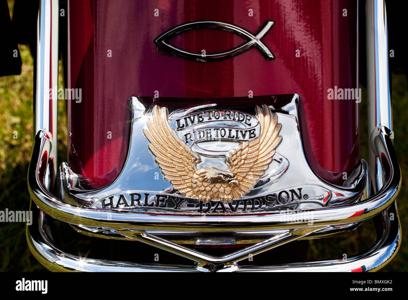 Una immagine colorata di un Harley Davidson Moto passaruota per Live ride ride di vivere Foto Stock