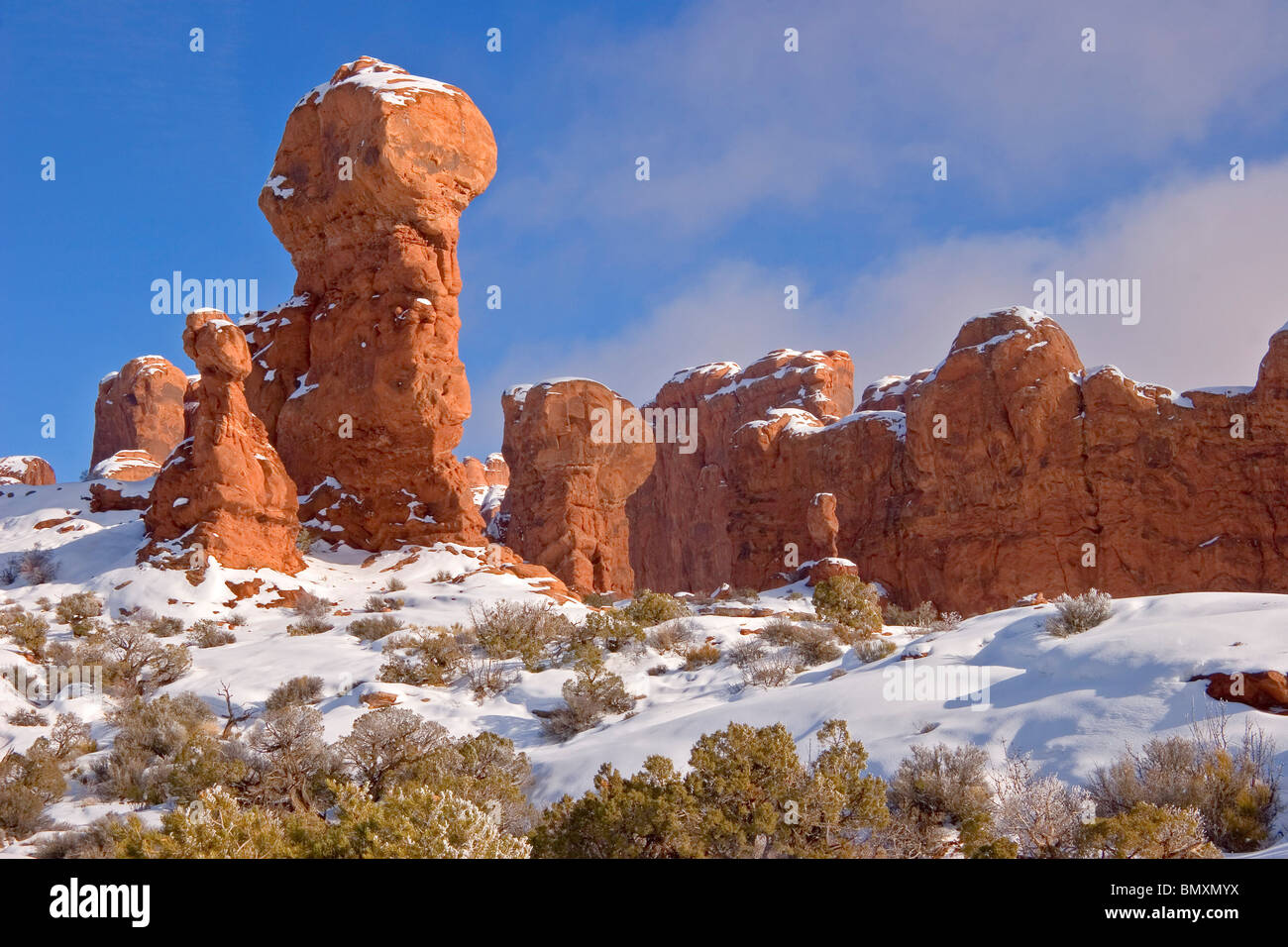 Inverno nel Parco Nazionale di Arches nel sud-ovest del deserto dello Utah STATI UNITI D'AMERICA Foto Stock