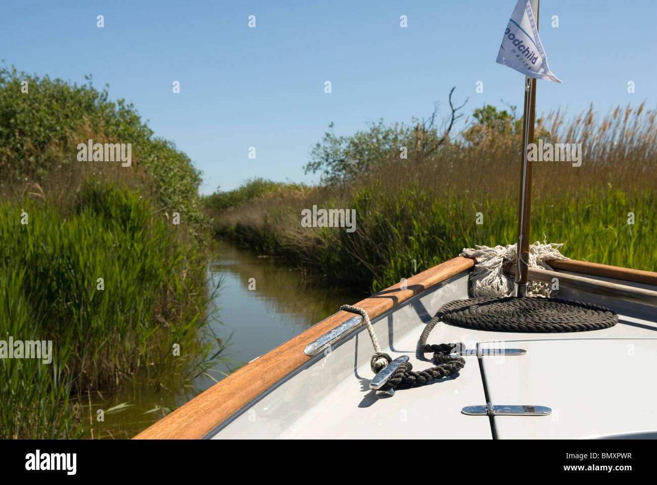 Un canale stretto attraverso le lamelle su Hickling ampia, il Parco Nazionale Broads del Norfolk, Norfolk, Inghilterra. Foto Stock