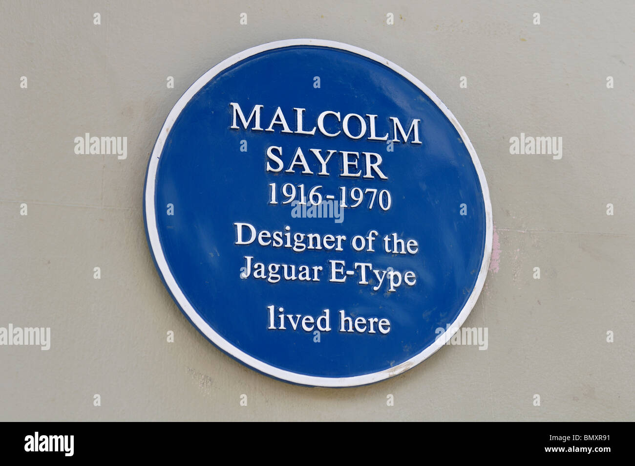 Malcolm Sayer targa blu, Leamington Spa, England, Regno Unito Foto Stock